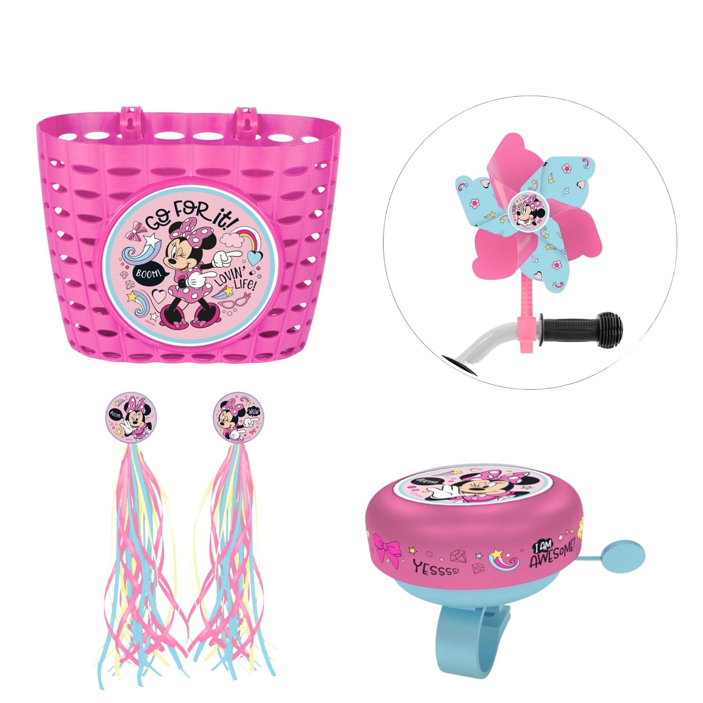 Minnie Mouse Fiets accessoires ; Mand, Fietsbel Franjes en Molen