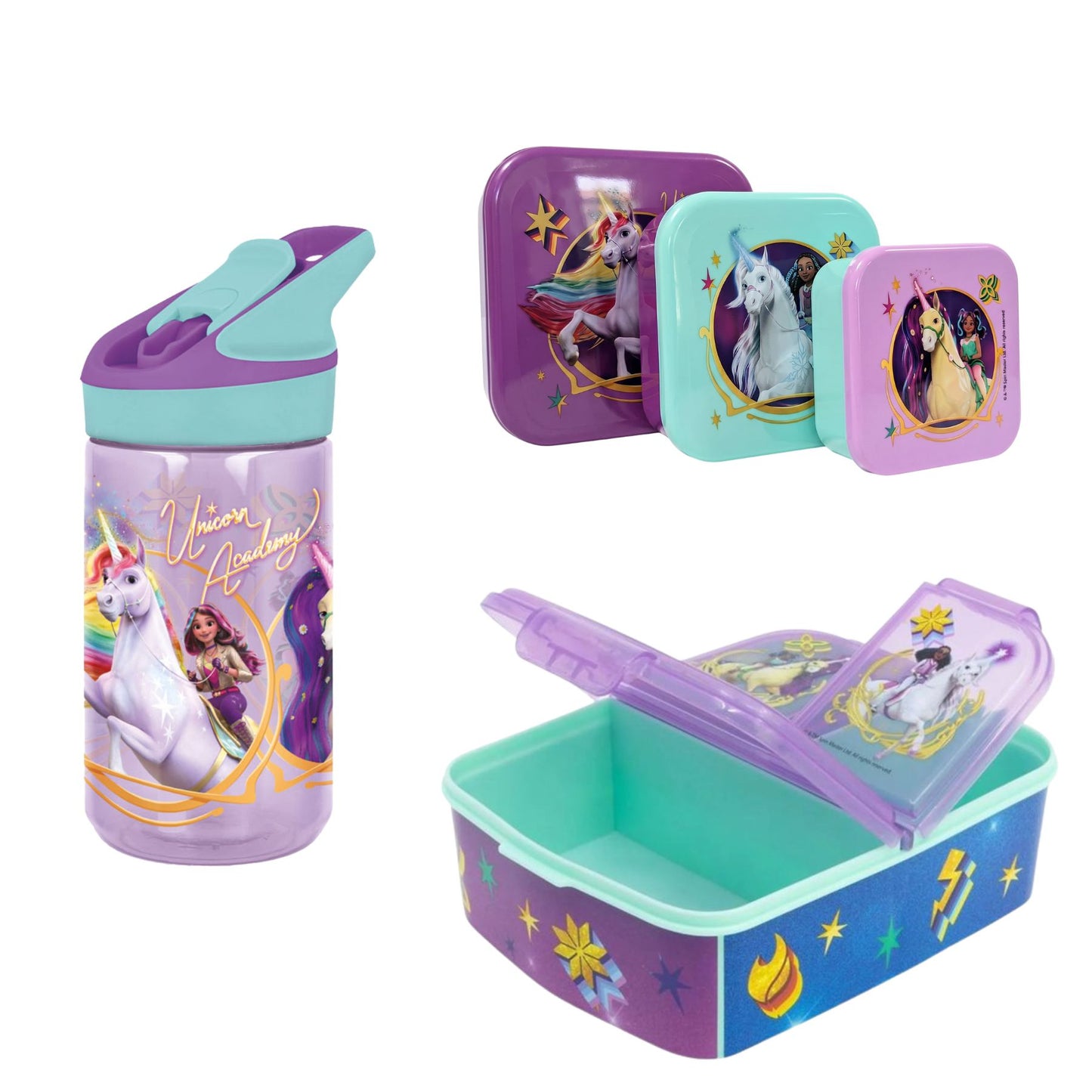 Unicorn Academy lunchset; drinkfles, lunchbox en snackbox