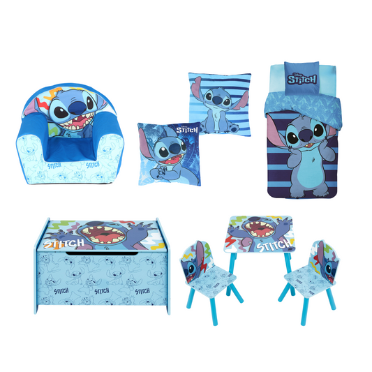 Lilo & Stitch slaapkamerset; dekbedovertrek, kussen, speelgoedkist, tafeltje en stoel