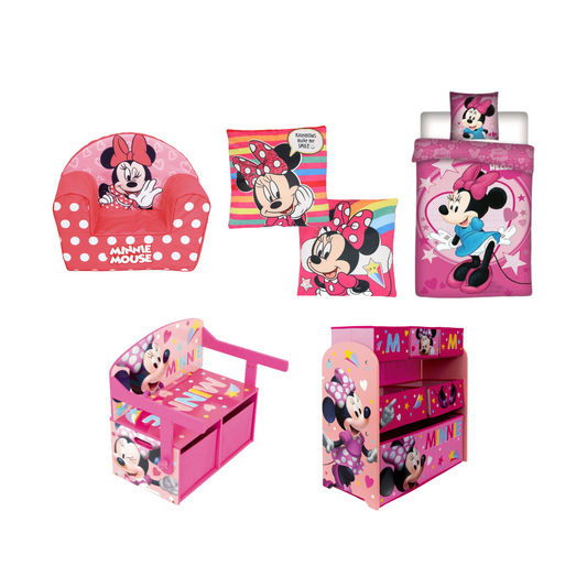 Minnie Mouse slaapkamerset; Dekbedovertrek, kussen, speelgoedbank, kast en stoel