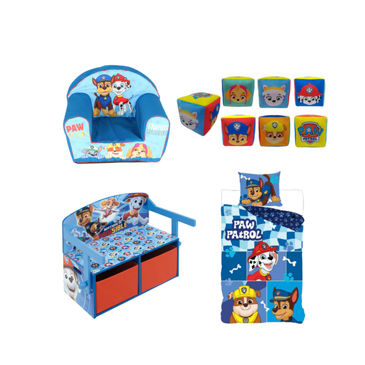 Paw Patrol slaapkamerset; dekbedovertrek, kussen, speelgoedbank en stoel