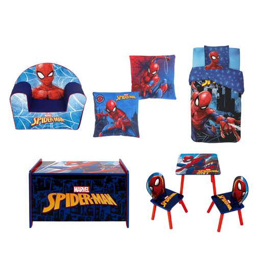 Spiderman slaapkamerset; dekbedovertrek, kussen, speelgoedkist, tafeltje en stoel