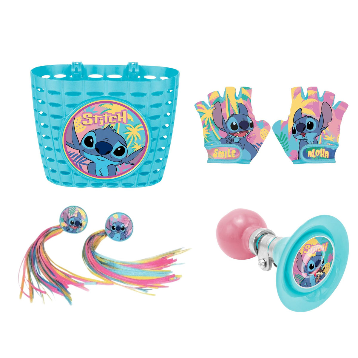 Lilo & Stitch fietsset; mand, hoorn, franjes en handschoentjes
