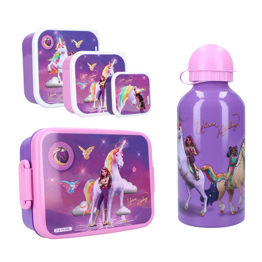 Unicorn Academy lunchset; lunchbox, snackbox en drinkfles