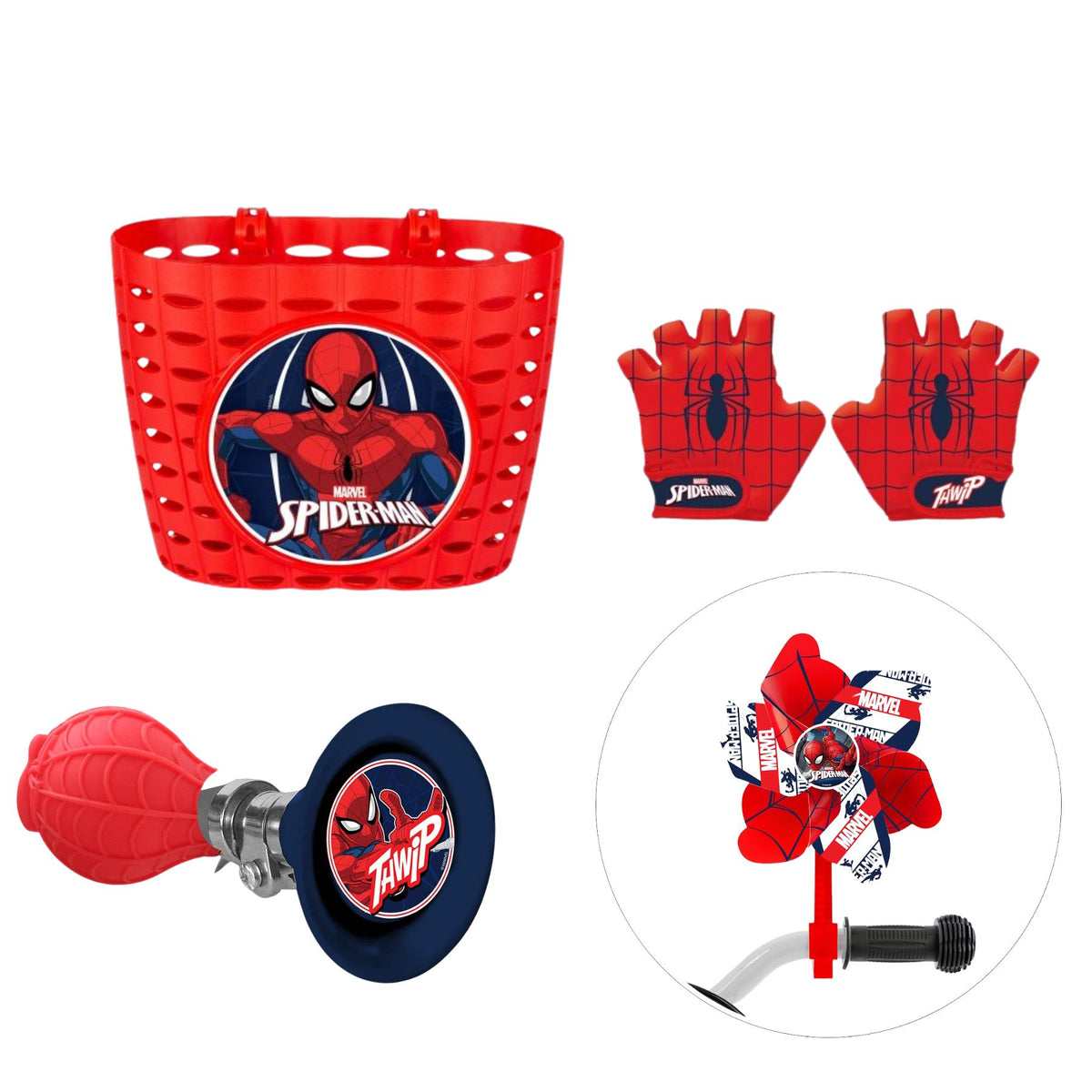 Spiderman fietsset; mand, hoorn, molen en handschoentjes