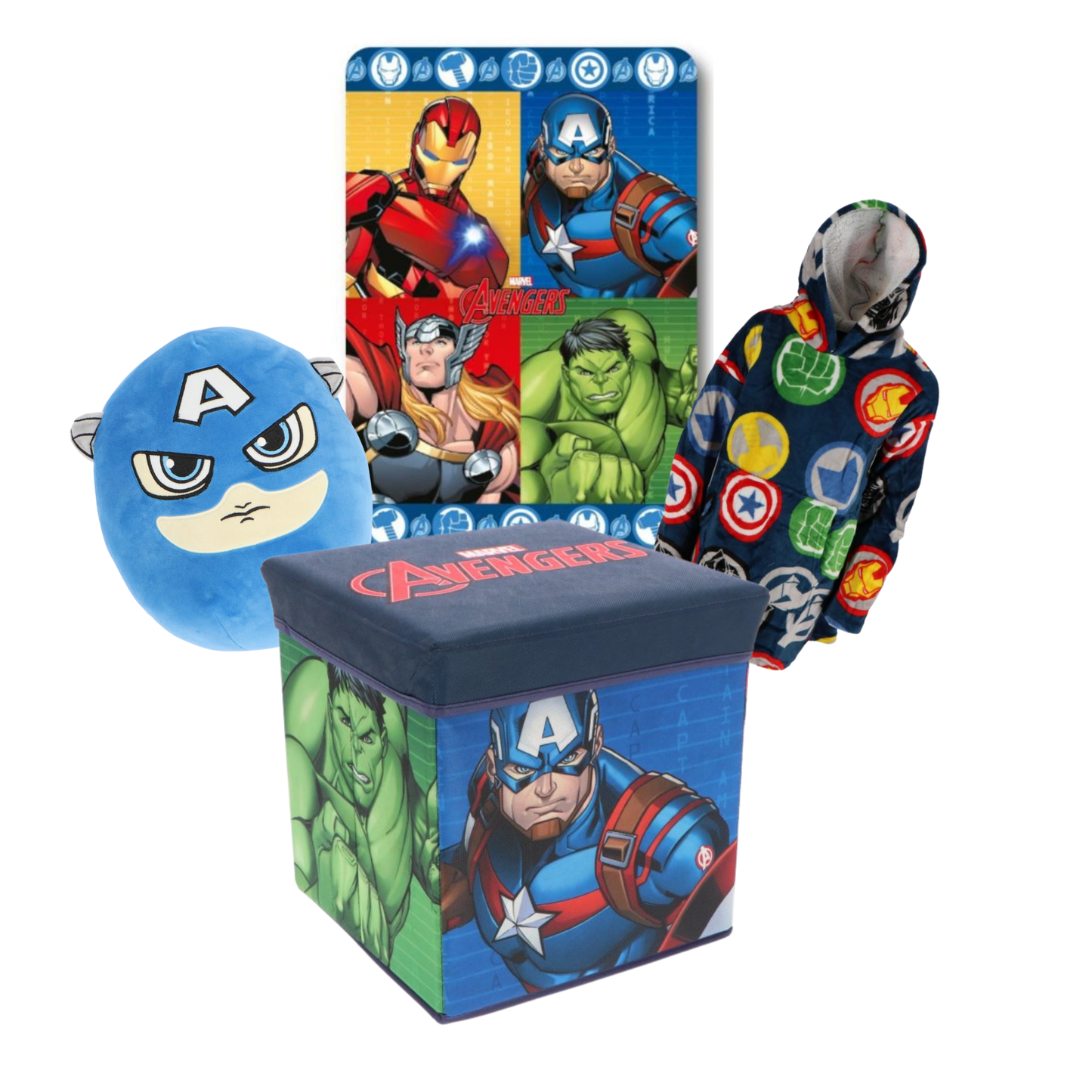 Avengers thuisblijfset – opbergbox / stoel, fleecedeken, hoodie deken en squishy
