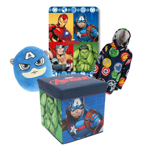 Avengers thuisblijfset – opbergbox / stoel, fleecedeken, hoodie deken en squishy