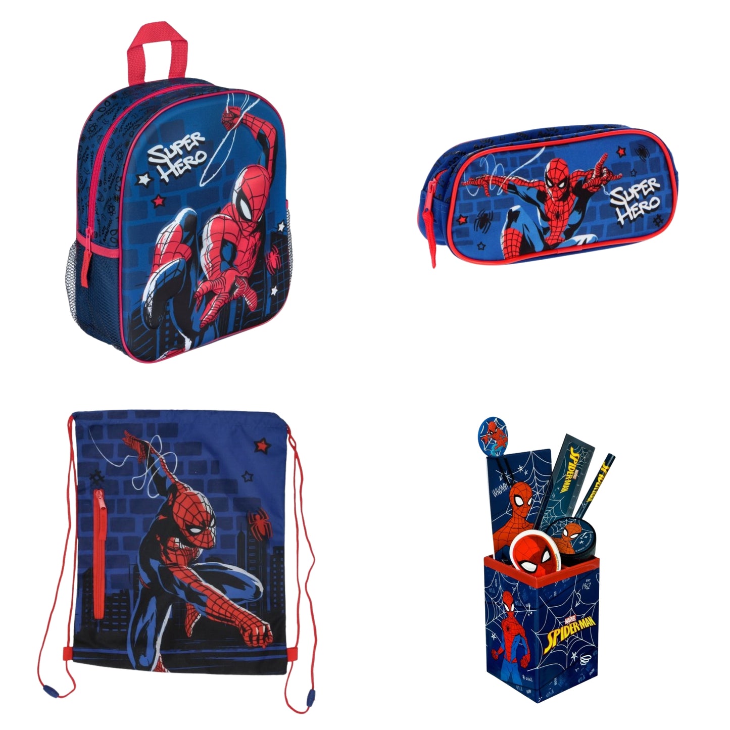 Spiderman back to school set; 3D rugzak, etui, gymtas en schrijfwarenset