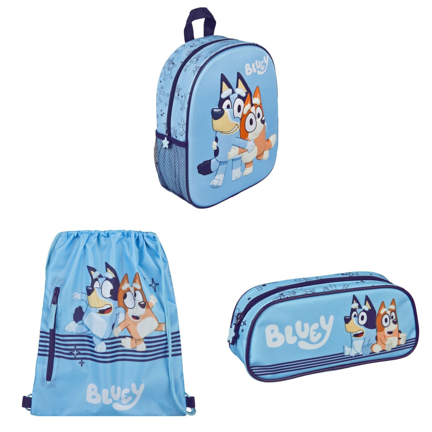Bluey tassenset; 3D rugzak, etui, en gymtas