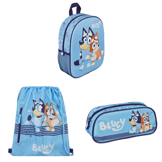 Bluey tassenset; 3D rugzak, etui, en gymtas