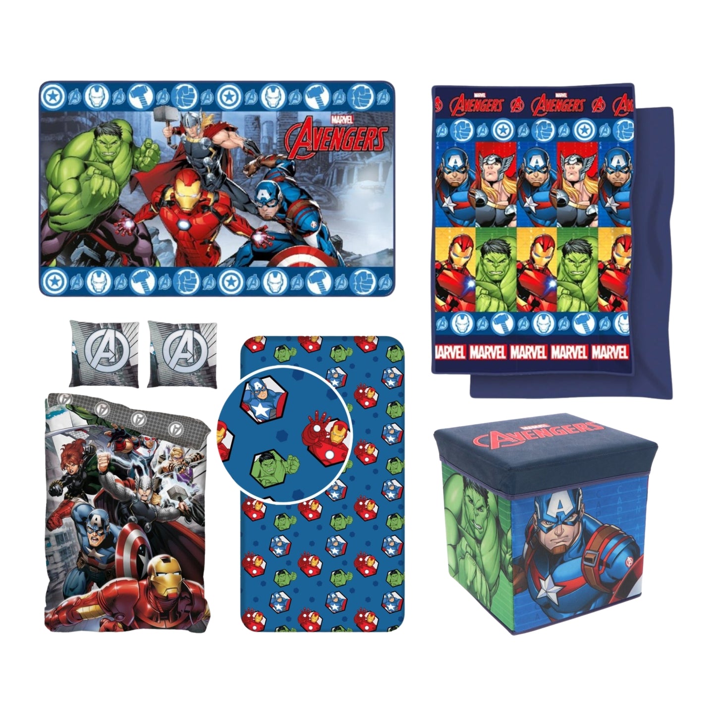 Avengers slaapkamerset; dekbedovertrek, hoeslaken, vloerkleed, opbergbox en beddensprei