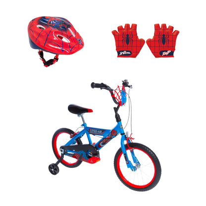 Spiderman fietsset blauw; fiets 16 inch, helm en handschoenen