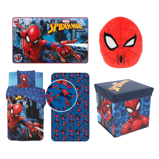 Spiderman slaapkamerset; dekbedovertrek, hoeslaken, vloerkleed, opbergbox en squishy 32 cm