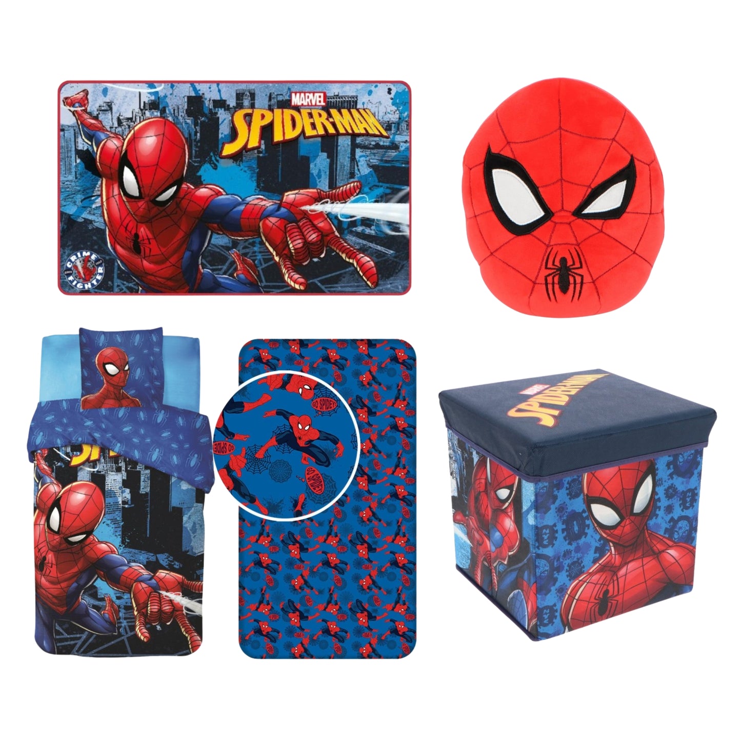 Spiderman slaapkamerset; opbergbox/stoel, vloerkleed, Squishy 32 cm , dekbedovertrek en hoeslaken