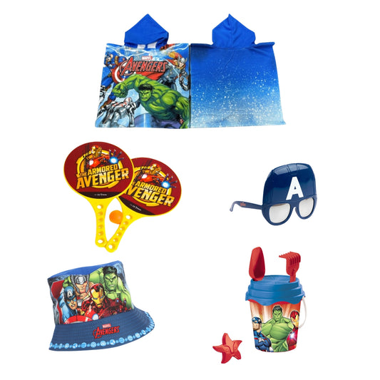 Avengers strandset; tennisset, zonnebril, vissershoedje en poncho
