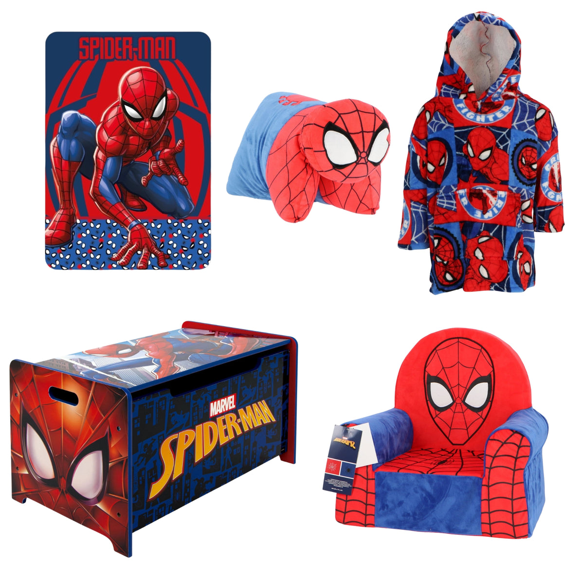 Spiderman slaapkamerset; speelgoedkist, fleecedeken, hoodiedeken, kussen en stoel