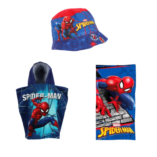 Spiderman strandset; strandlaken, poncho en vissershoedje