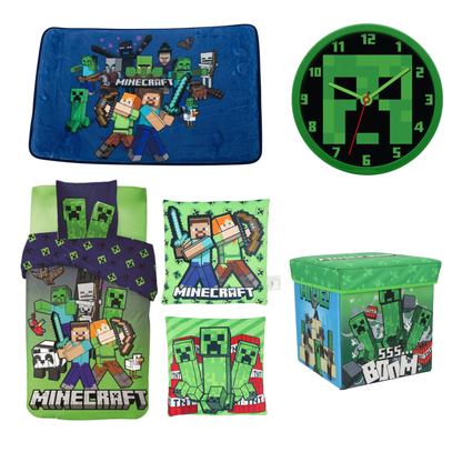 Minecraft slaapkamerset; dekbedovertrek, wandklok, opbergdoos/stoel, vloerkleed en kussen