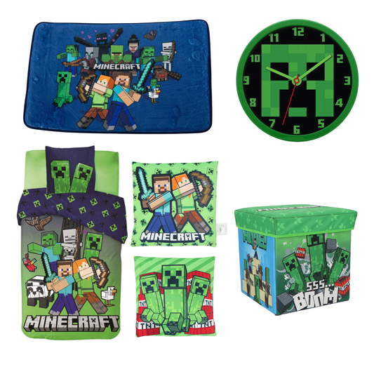 Minecraft slaapkamerset; dekbedovertrek, wandklok, opbergdoos/stoel, vloerkleed en kussen