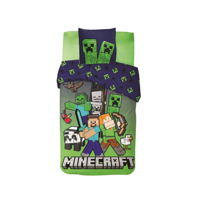 Minecraft slaapkamerset; dekbedovertrek, wandklok, opbergdoos/stoel, vloerkleed en kussen