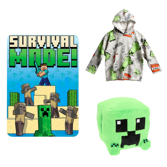 Minecraft slaapkamerset; fleecedeken, hoodiedeken en handwarmer/knuffel