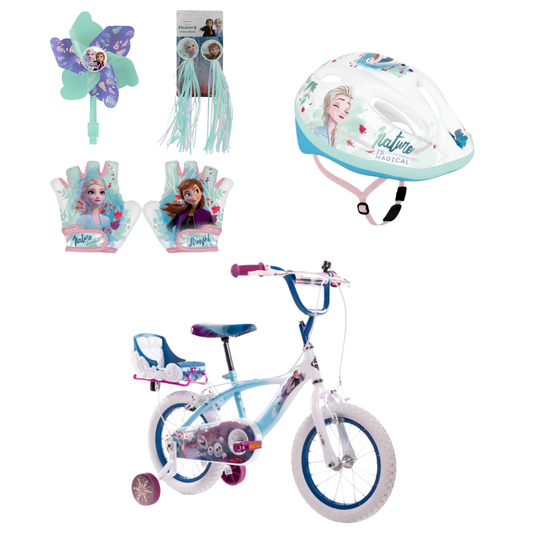 Frozen fietsset; fiets 14 inch, handschoenen, windmolen, stuur fransjes en helm