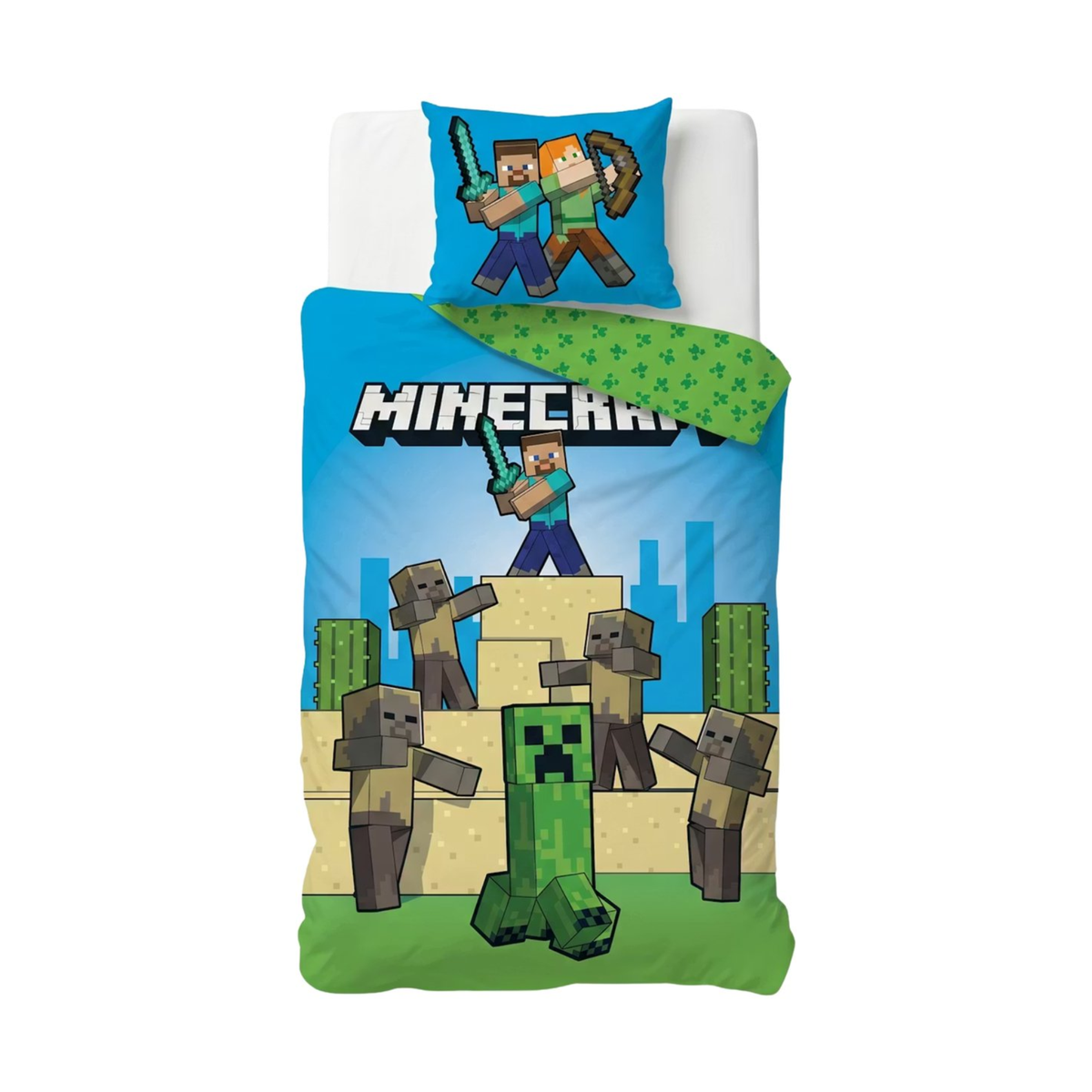 Minecraft slaapkamerset; dekbedovertrek en kussen