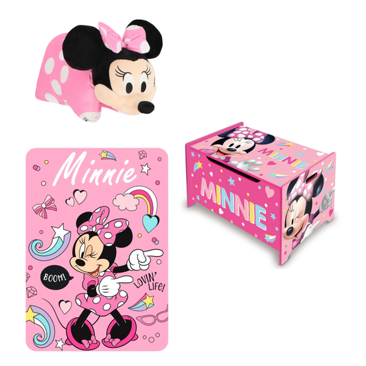 Minnie Mouse slaapkamerset; speelgoedkist, kussen en fleecedeken
