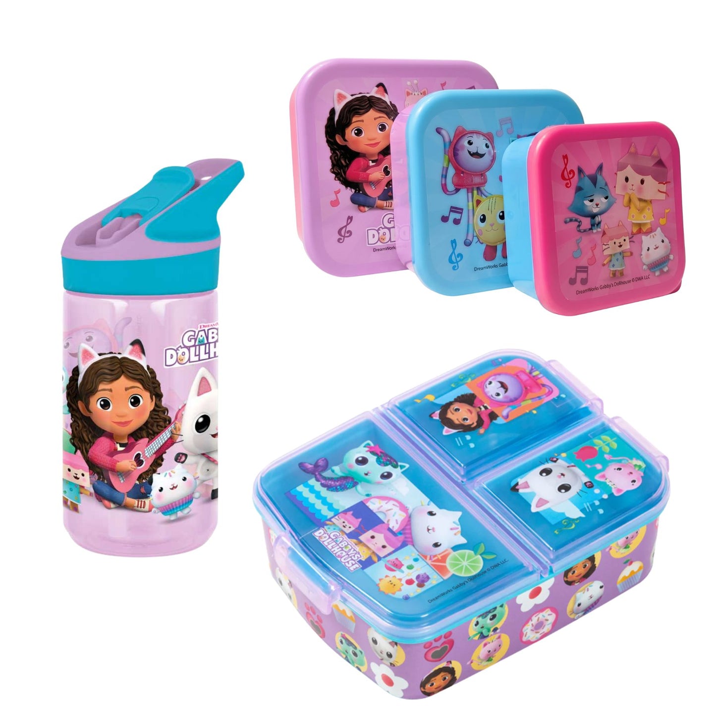 Gabby's Dollhouse lunchset; drinkfles, lunchbox en snackbox