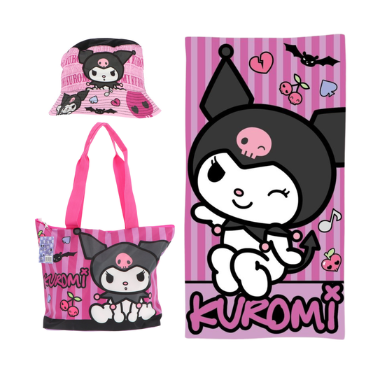 Kuromi strandset; strandlaken, strandtas en vissershoedje