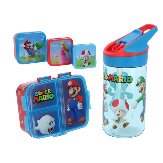 Super Mario lunchset; drinkfles, lunchbox en snackbox