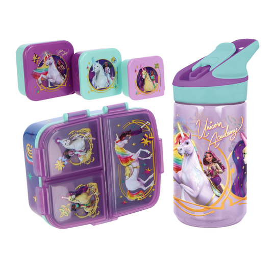 Unicorn Academy lunchset; drinkfles, lunchbox en snackbox