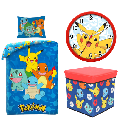 Pokemon slaapkamerset; dekbedovertrek, wandklok, opbergdoos/stoel