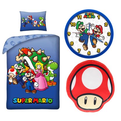 Super Mario slaapkamerset; dekbedovertrek, wandklok, kussen