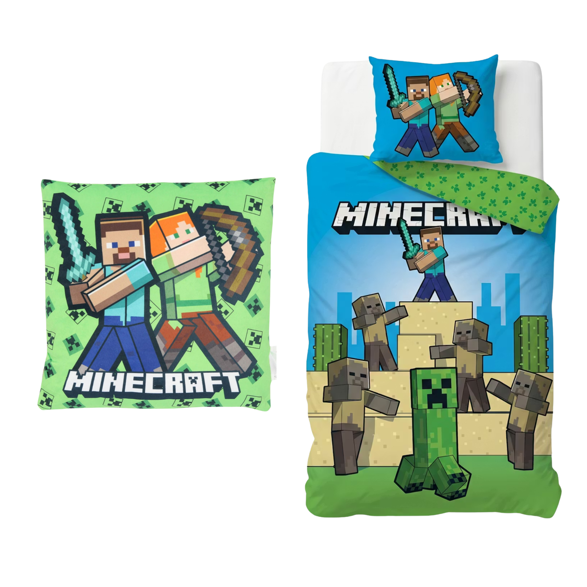 Minecraft slaapkamerset; dekbedovertrek en kussen