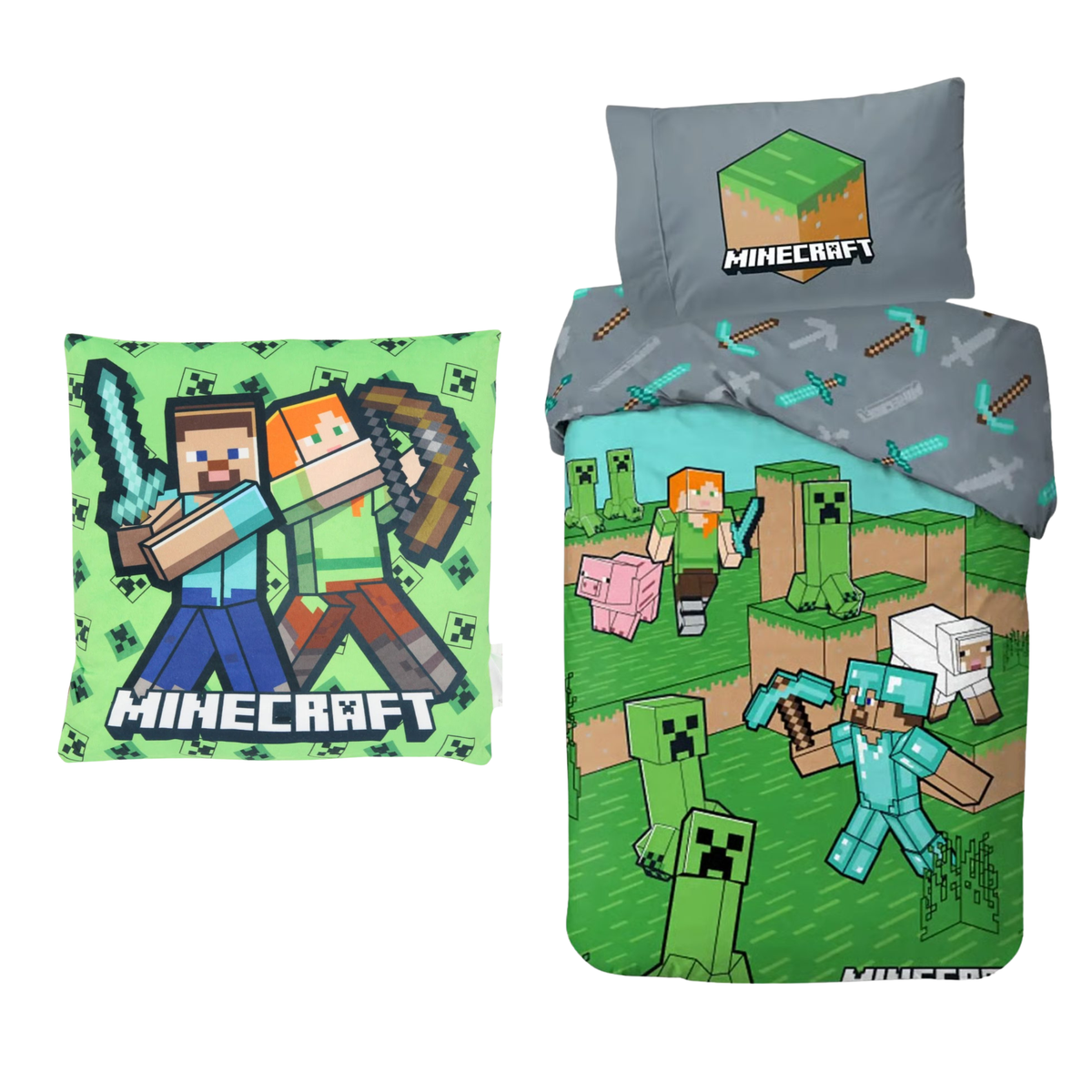 Minecraft slaapkamerset; dekbedovertrek en kussen