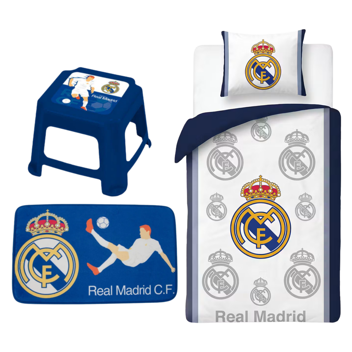 Real Madrid slaapkamerset; dekbedovertrek, kruk en vloerkleed